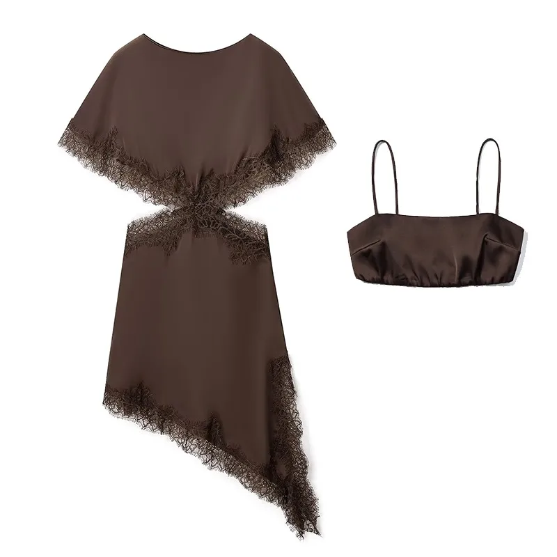 CharmChant Damen-Kleid aus Satin, braun, asymmetrisch, mit Spitze, Ausschnitt, Cape-Ärmel, luxuriös, elegant, Party, bescheidenes Abendkleid