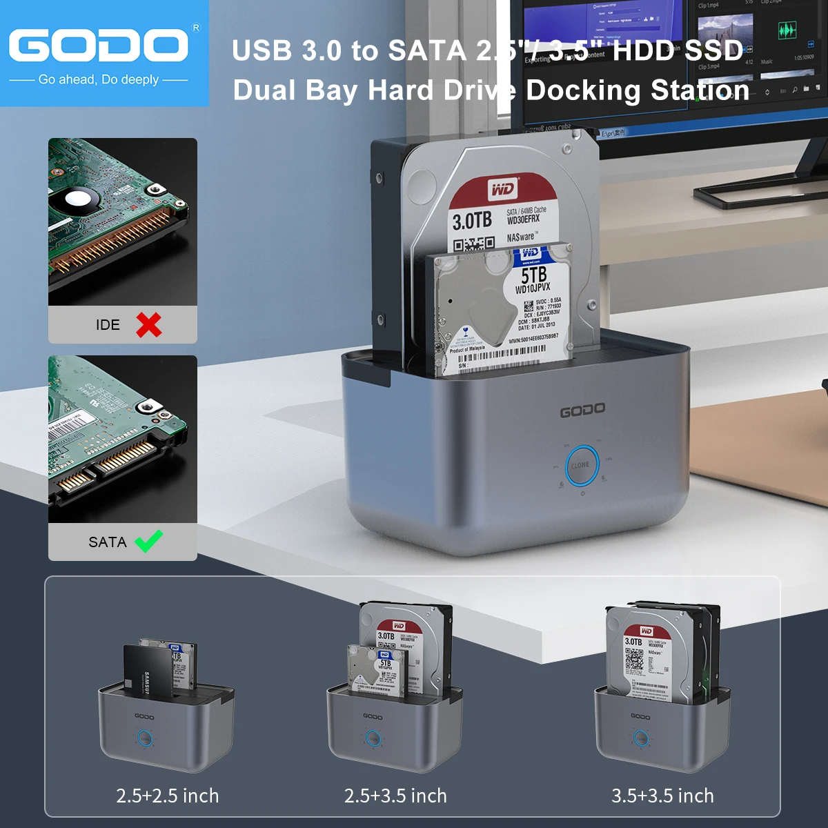 Imagem -05 - Godo-dual Bay Hard Drive Dock com Led Indicador Docking Station Usb 3.0 tipo c 2.5 3.5 Hdds Ssd