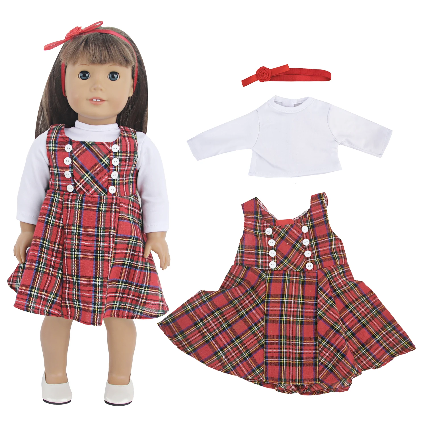 Scottish Tartan Doll Clothes Set Dress+T-shirt+Hairband Skirt Suit For 18 Inch American&43cm Baby Newborn,OG,Girl Dolls Toy Gift