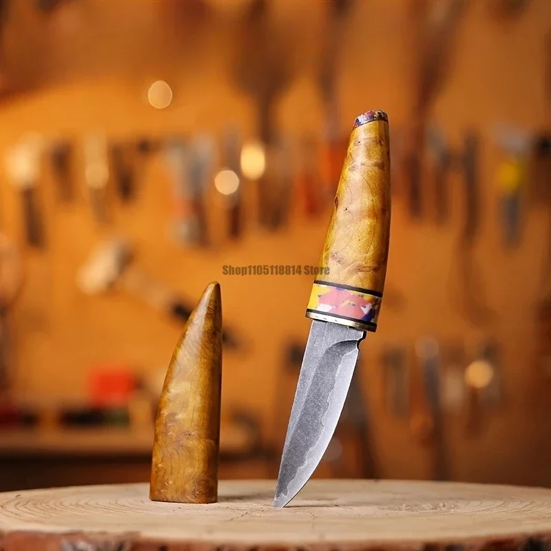 Golden Handle Camping Straight Knife Fixed Blade Camping Hunting Survival EDC Hiking Fishing Multitools Hand Knives EDC Knife