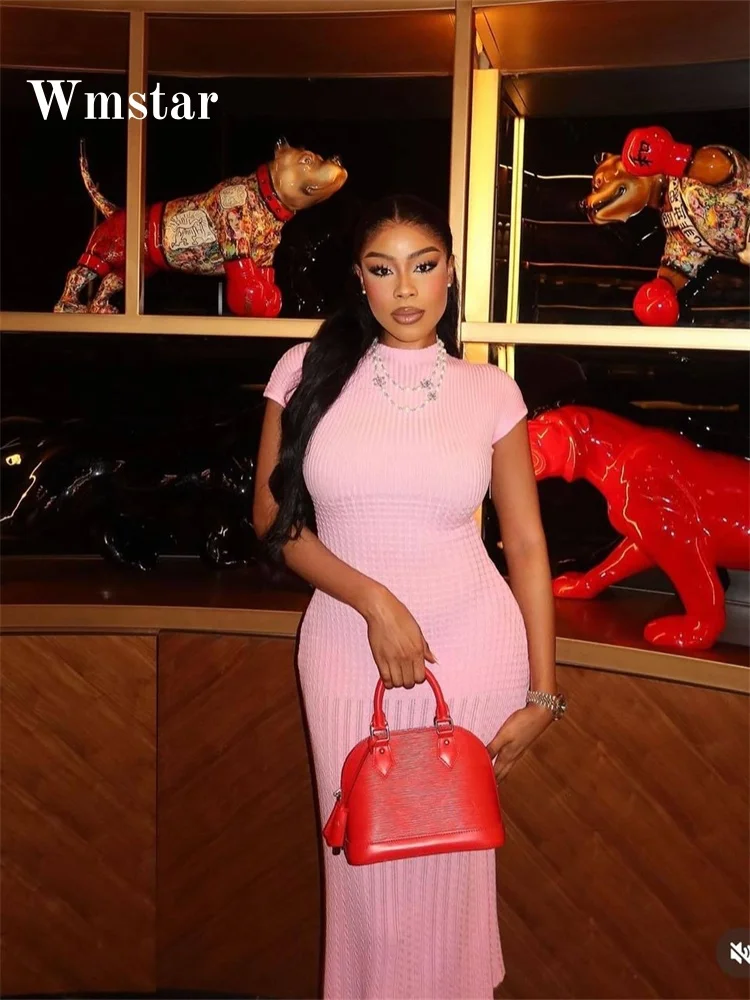 

Wmstar dress women wholesale round neck short sleeved waist cinching high elastic knitted long dress dropshopping new in summer