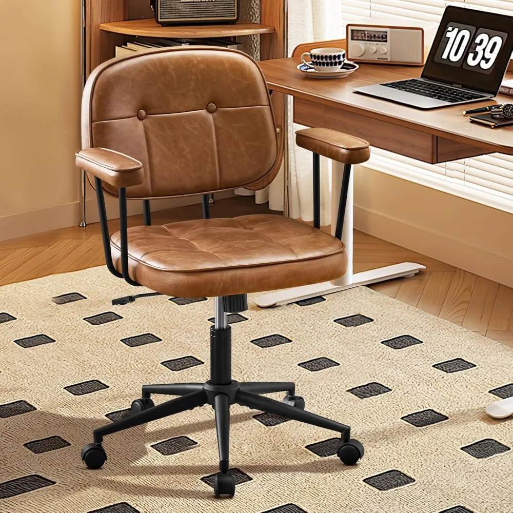 كرسي مكتب منزلي مع مسند ذراع مبطن بعجلات، كرسي مكتب جلدي مريح مع دعم قطني متوسط الظهر قابل للتعديل #1