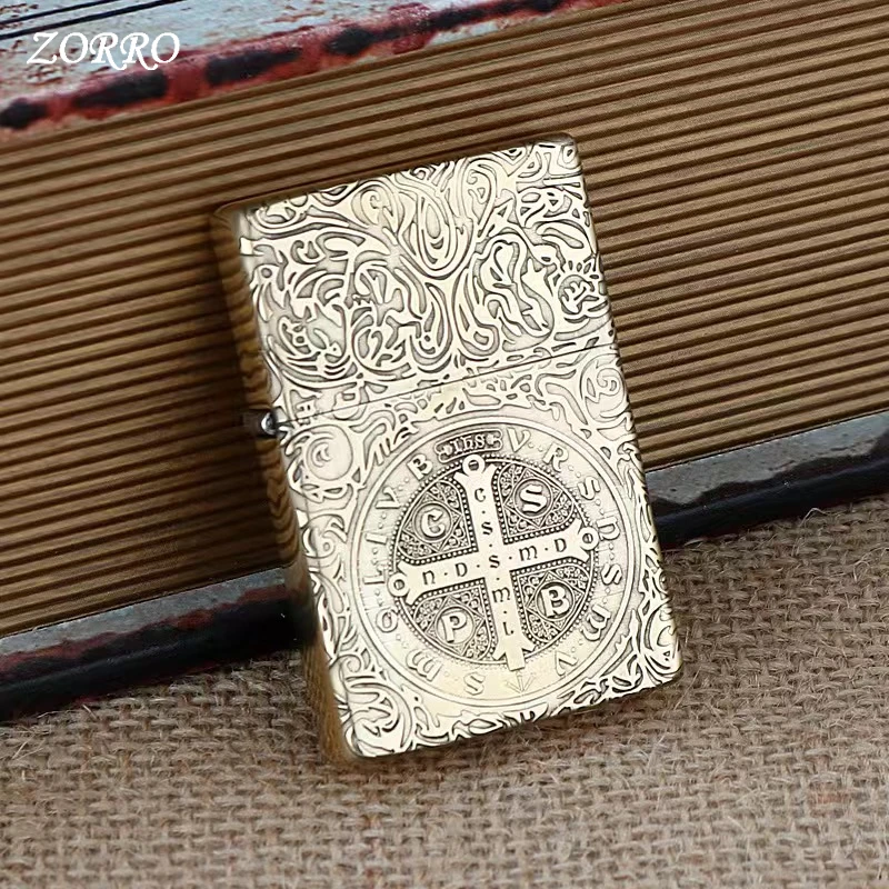 New Original ZORRO Kerosene Lighter Retro Creative Pure Copper Shell Windproof Brass Cigarette Gasoline Engine Smoking Gift Box