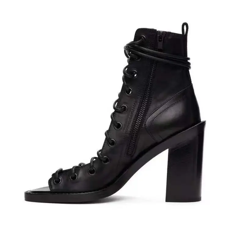Spring/Summer New Coarse High Heel Cool Boots Cross Tie Hollow Out European and American Large Toothed Sandals