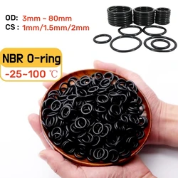 Nitrile O-ring Gasket Black NBR Oil Resistant Seal Ring Thickness1/1.5/2mm OD 3~80mm for Automotive/Machine/Plumbing Waterproof