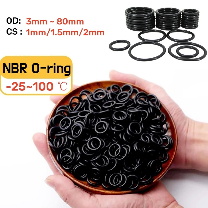 Nitrile O-ring Gasket Black NBR Oil Resistant Seal Ring Thickness1/1.5/2mm OD 3~80mm for Automotive/Machine/Plumbing Waterproof