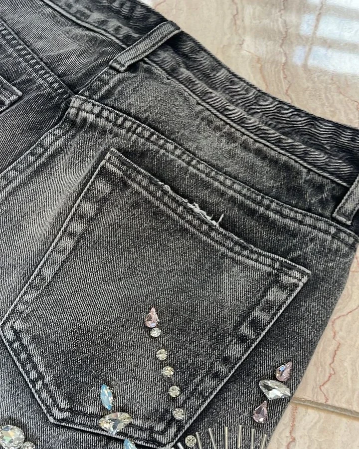 Hip Hop Retro Rhinestone Graphic Black Baggy Shorts Y2K Jeans Mens Womens Denim Gym Shorts High Waist Basketball Casual Shorts