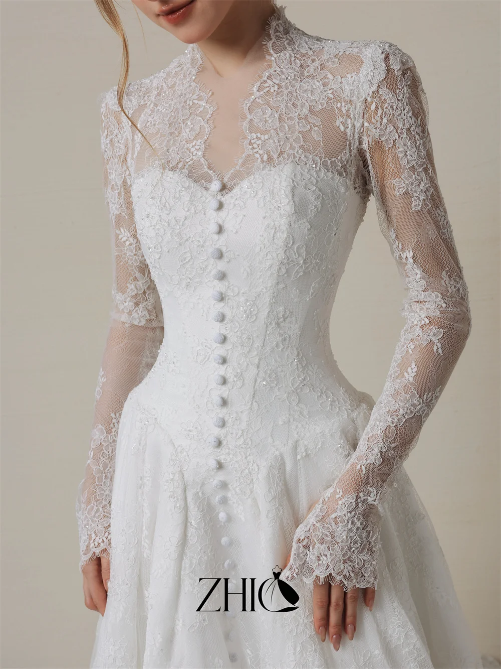 ZHIO Classic Lace Long-Sleeve Wedding Dress High-Neck Button Corset Train Bridal Gowns Prom Evening Party Dresses Wear Custom