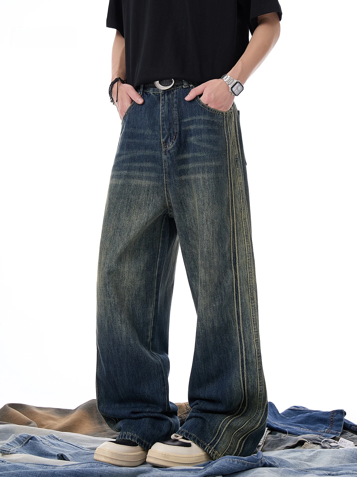 

American Retro Knife Jeans Men Summer Thin Faion Waed out Wide Leg Pants Youth Trendy Straight Cut Loose Fit Jeans