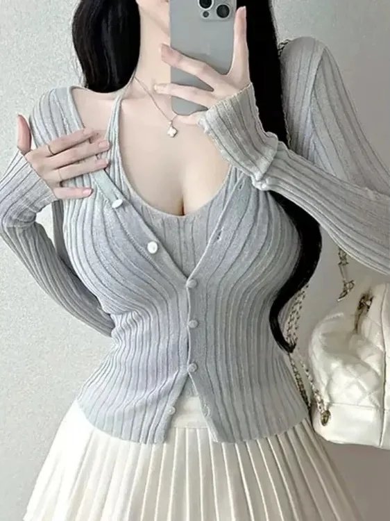 

Pure Desire Style Women's Knitted Long Sleeve V-Neck Cardigan Slimming Bony Exposure Fake Two-Piece Soft Polyester Fiber