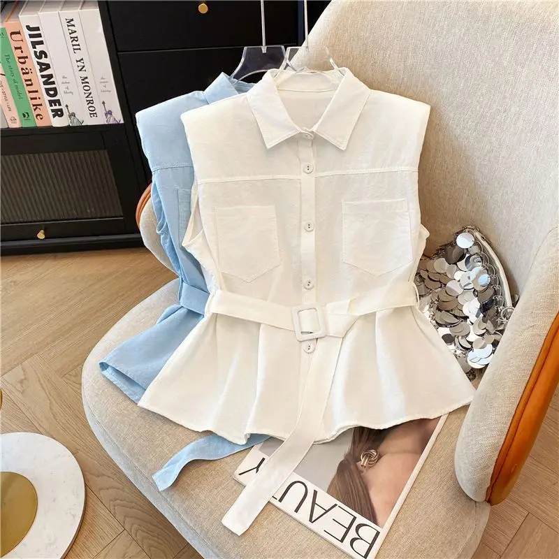 White Svel irt Design estivo da donna Senso Cintura in vita unica Top dimagrante Colletto coreano Sle Vestibilità regolare Polyes...