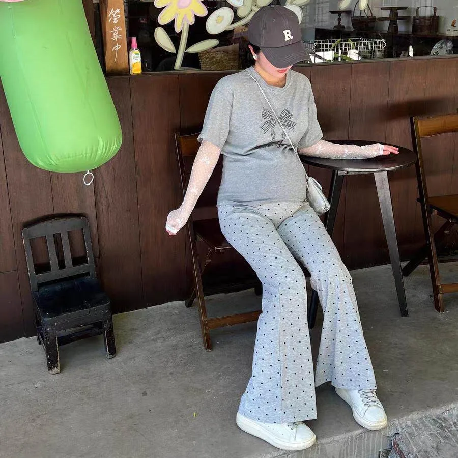 

Maternity Boot-cut Pants 2026 New Spring and Autumn High-waisted Belly-supporting Trousers High-elastic Polka-dot Knitted Pants