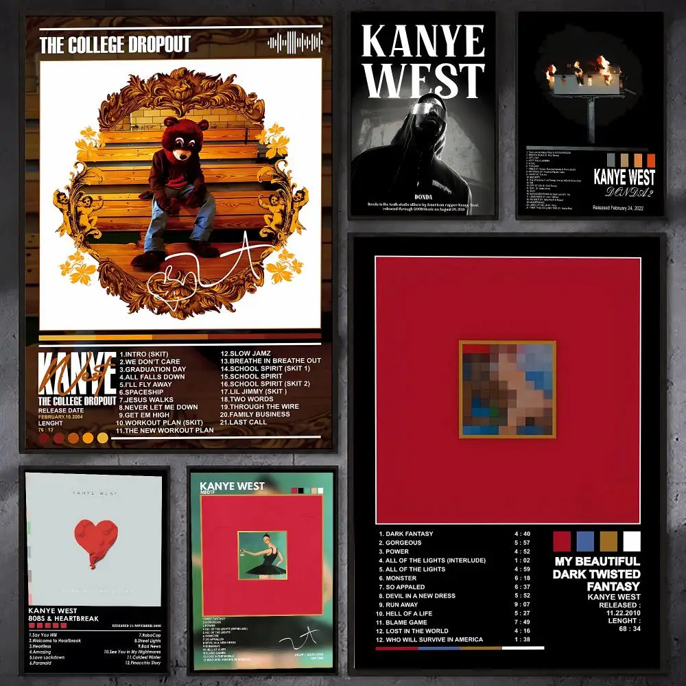 K-Kanye West Rapper Album Poster Waterproof Sticky Wall Art Print For Bedroom Living Room Hallway Bar Home Decor