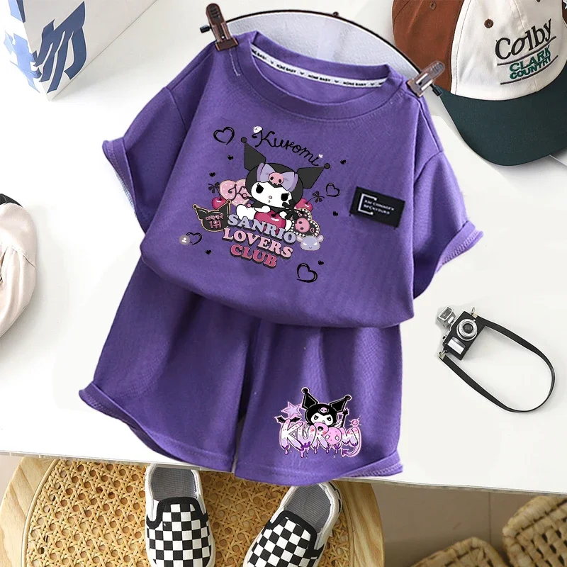 Kuromi Children T-Shirts Shorts Set Anime Sanrio Summer Tops Short Sleeves Pants Suit Pajamas Home Wear Clothes Kids Tracksuit