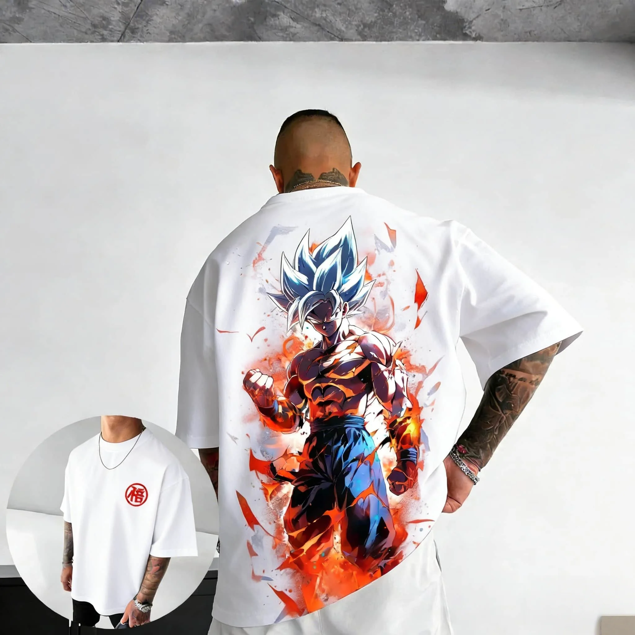 2026 Summer Dragon Ball Super Saiyan Blue Goku Flame Burst Vintage Anime T-shirt Men's Pure Cotton Casual Loose Sports Daily Top