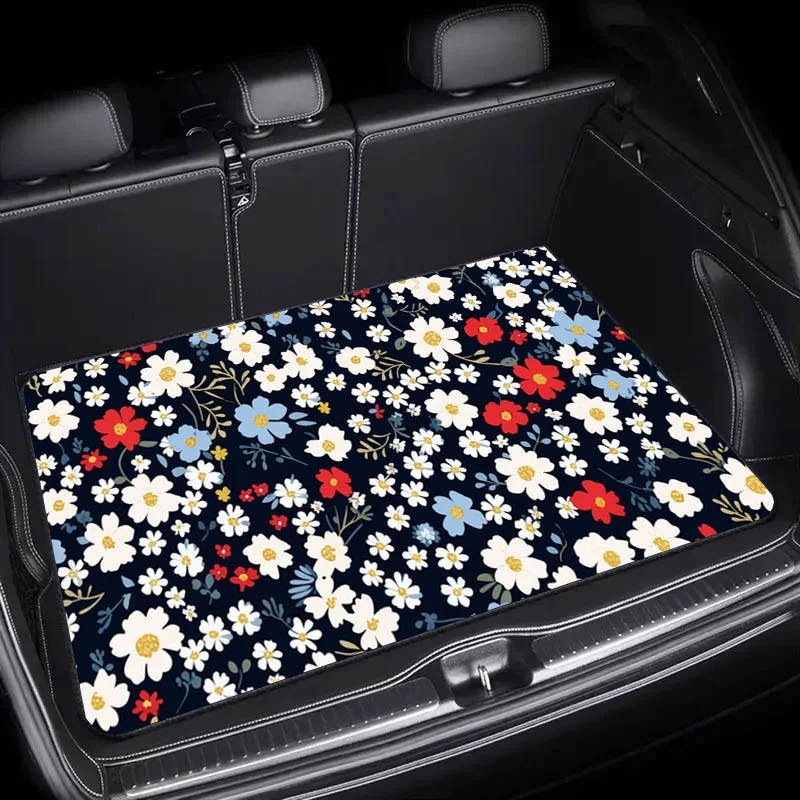 1pc Car Trunk Mat, 75x100 Size, Vibrant Floral Pattern (Daisies, Poppies, Blue Flowers), Durable Material, For Car Interior Deco