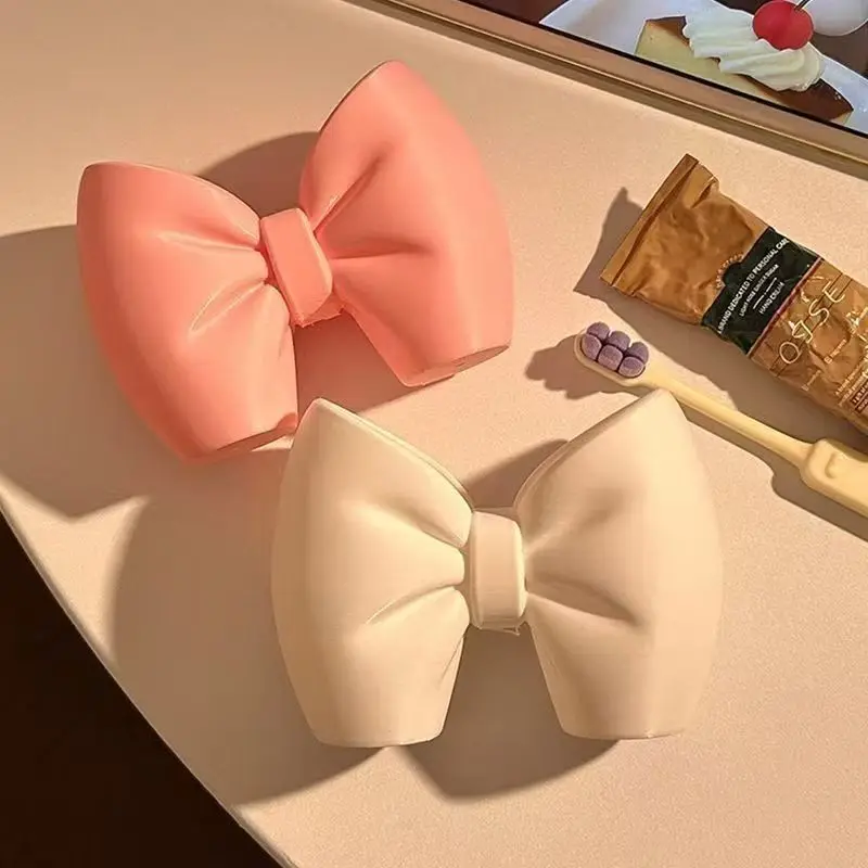  Sweet Bowknot Design Bathroom Storage Holder Dual Slot Toothpaste Toothbrush Container Cute Vanity Makeup Brush Organizer