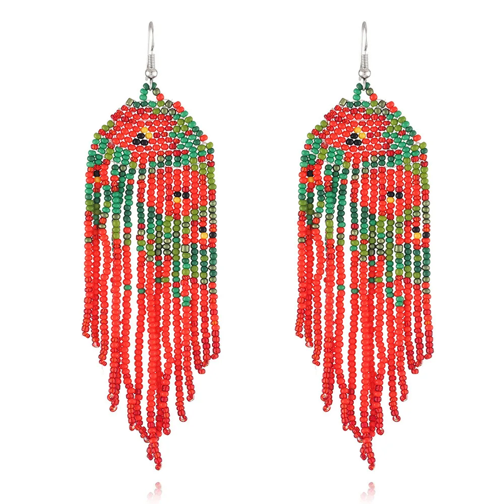 Bohemia Elegant Women\'s Jewelry Boho Creative Ethnic Red Handmade Beads Flower Pattern Beaded Tassel Drop Earrings for Women New