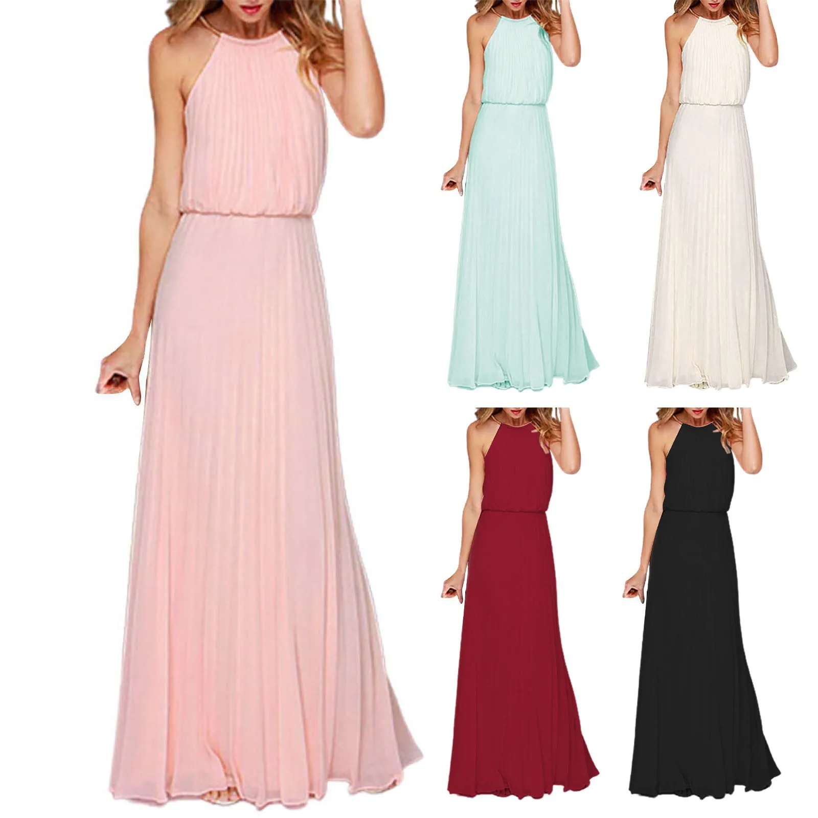 

Women Holiday Sundress Halter Sleeveless Floor-Length Party Gowns Maxi Dresses High Waist Backless Split Hem Prom Dress Vestidos