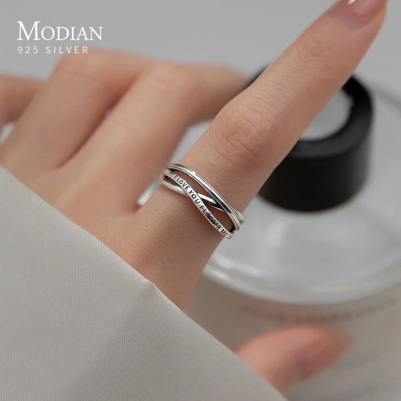 MODIAN 925 Sterling Silver Geometric Cross Line Finger Ring Adjustable Open Size Rings For Women Romantic Letter Jewelry Gifts