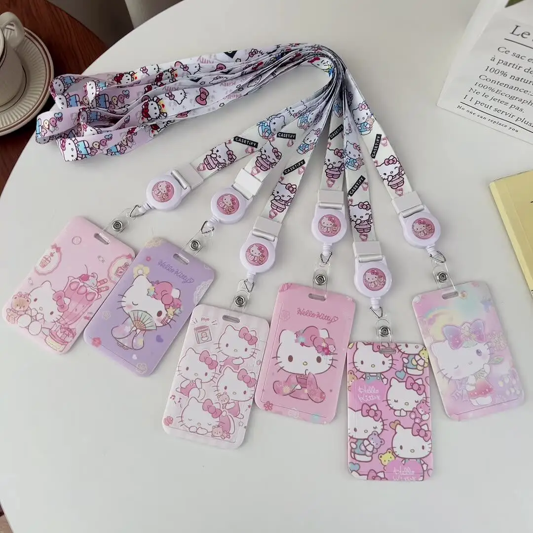 

Hello Kitty ID Badge Holder Neck Strap Pendant Door Card Holders Lanyards Girls Pompom Purin Lanyard Credential Holde