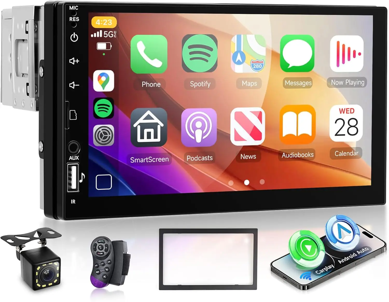 7 Inch Car Stereo with Wireless CarPlay, Android Auto, Backup Camera, Bluetooth 5.0, FM, USB, EQ, Steering Wheel Control