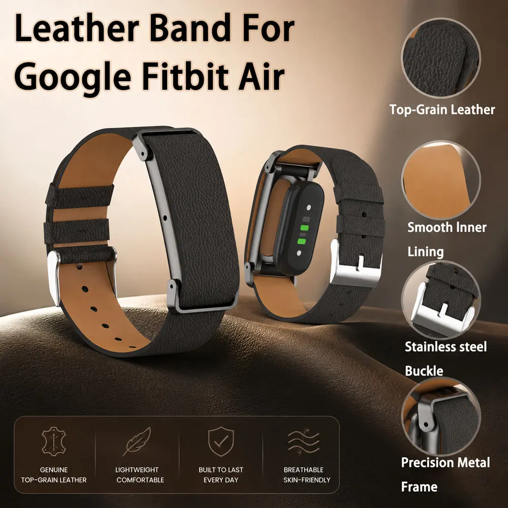 Lederarmband mit Metallgehäuse für Google Fitbit Air, Metallschnalle, verstellbar, leicht, für den ganztägigen Gebrauch, Unisex für Google Fitbit Air