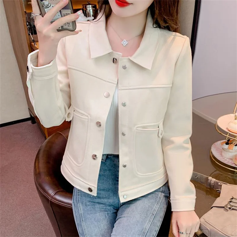 Spring Autumn Short Suede Jacket Women 2024 New Loose Lapel Coat Pure Colour Covered Button Outerwear Fashion Pocket Top Female