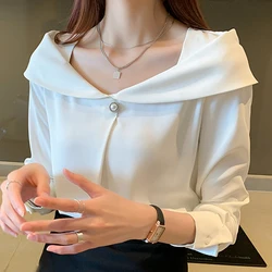 Autumn Women V-Neck White Chiffon Blouse Shirt Tops Long Sleeve Blouse Women Blusas Mujer De Moda 2024 Blouses Femme Shirts D620