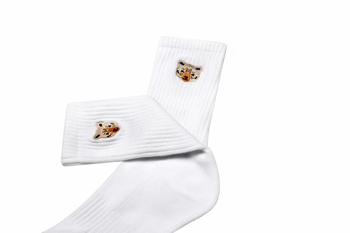 Top Quality One Pair Men Bear Head Embroidery Cotton Socks, High Quality Man Sporting WILDNESS Thick Socks, White/Army Green view 5