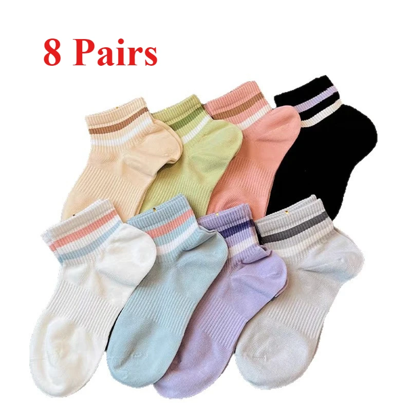 

8 Pairs of New Colorful Striped Sports Socks Breathable and Sweat Absorbing Mid Length Socks Versatile Women's Round Neck Socks