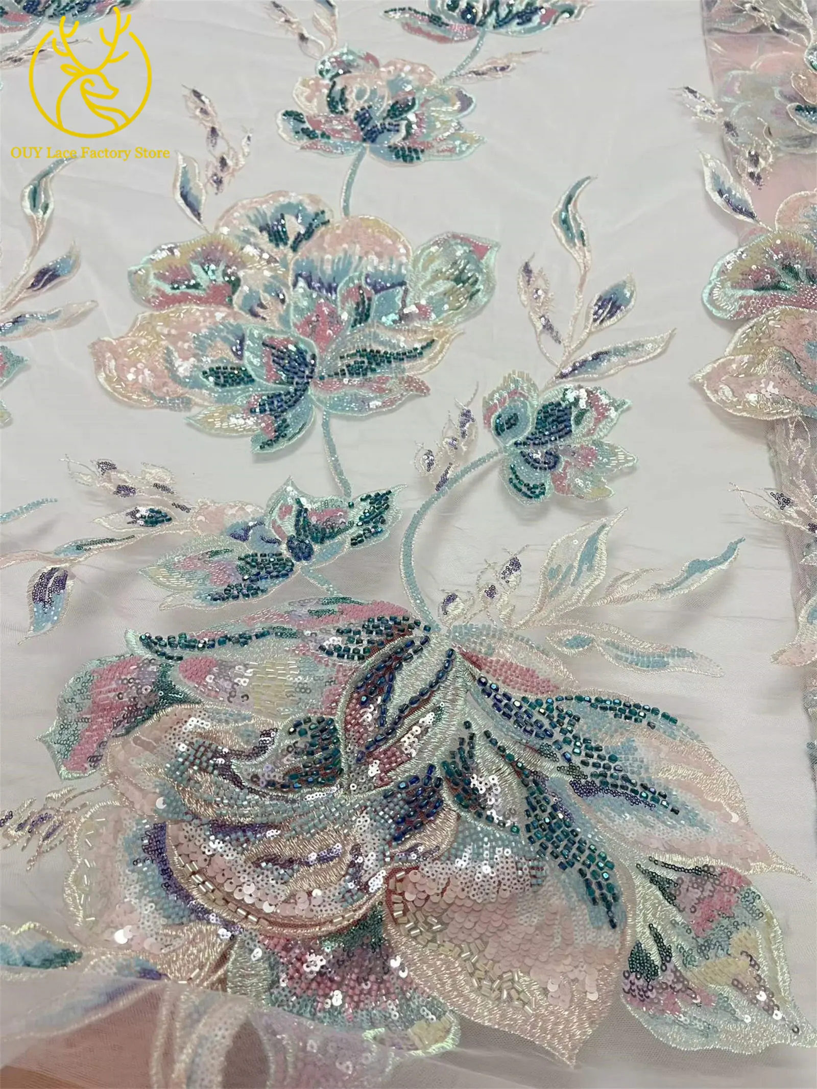 Luxuriöser afrikanischer Brautkleidstoff mit Stickerei, großen Blumen und Perlen, 5 Yards, hochwertiger französischer Pailletten-Spitzenstoff zum Nähen von Kleidern – Detail 11