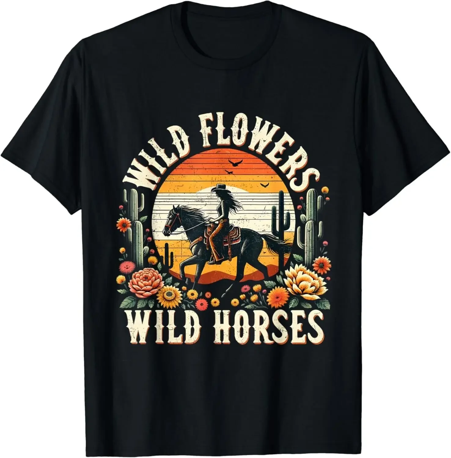 Sunset Cowgirl Riding Horse Wild Flowers - Wild Horses Gift Unisex T-Shirt