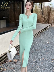 H Han Queen 2024 Autumn Winter Vintage Vestidos Korean Stretch Knit Single-Breasted Party Casual Dress Women Inner Midi Dresses