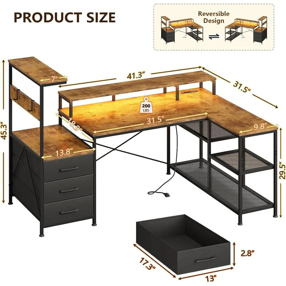 L-Shaped Gaming Desk with Drawers, Storage, Power Outlets, LED Lighting, and Monitor Stand in Rustic Brown view 2