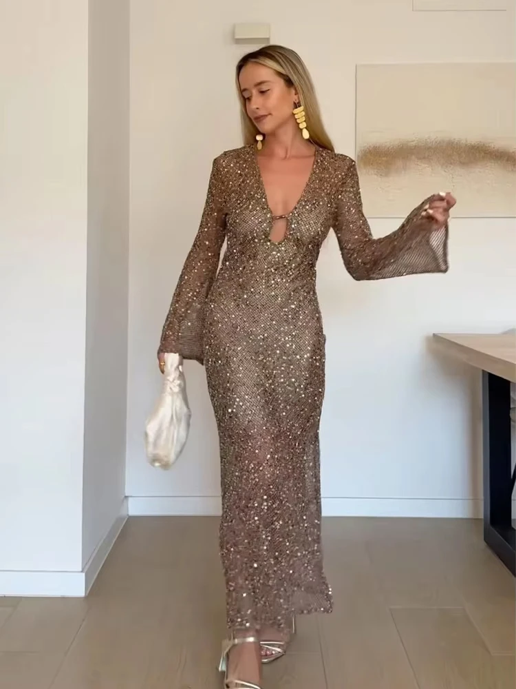 

HH Women Fashion Beach Style Long Sleeves Sequin Decoration Hollow Long Dress Women's Summer V-Neck Loose Midi Dresses