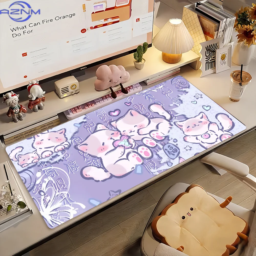 Alfombrilla de Ratón con Diseño de Gato Adorable de Anime, Antideslizante, con Borde Cosido, Accesorios para PC y Portátil, Alfo
