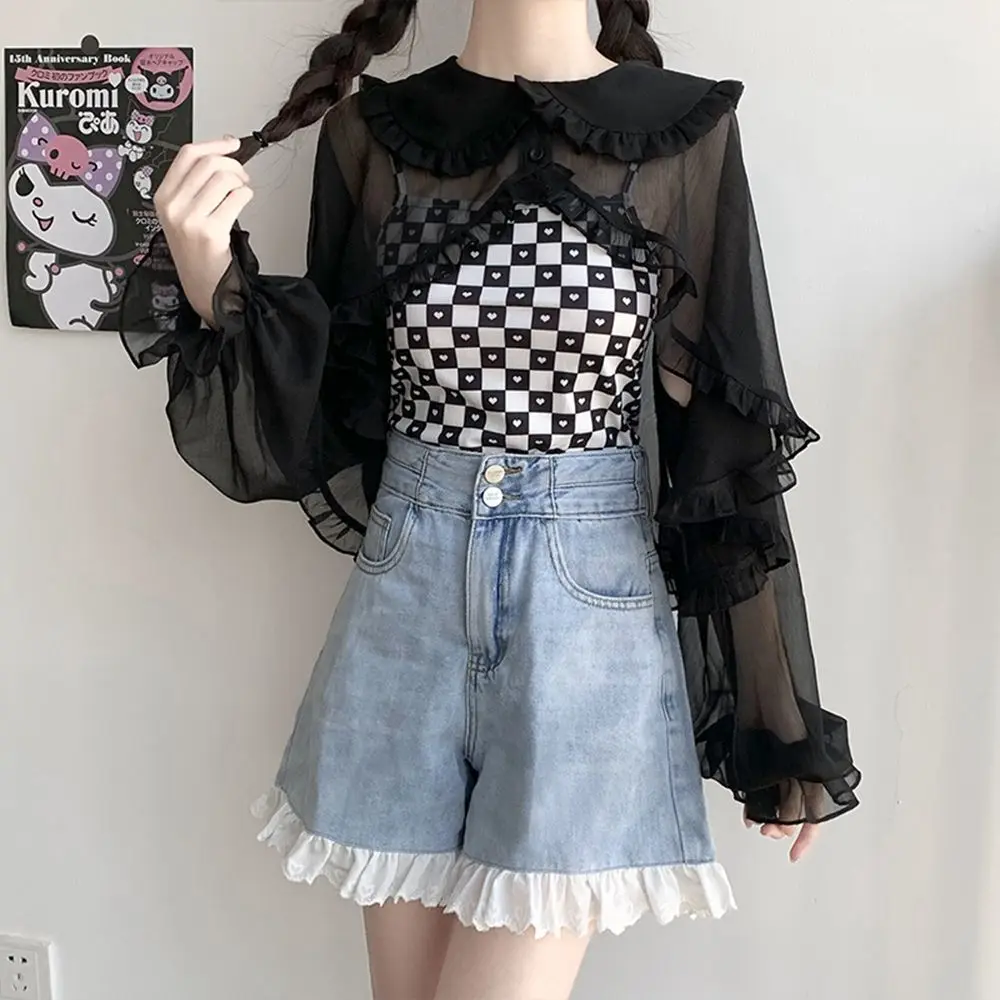 Solid Color Immortal Qi Summer Women Cardigan 2024 New Thin Style Lolita Patchwork Lace Doll Collar Long Sleeved All-match Tops