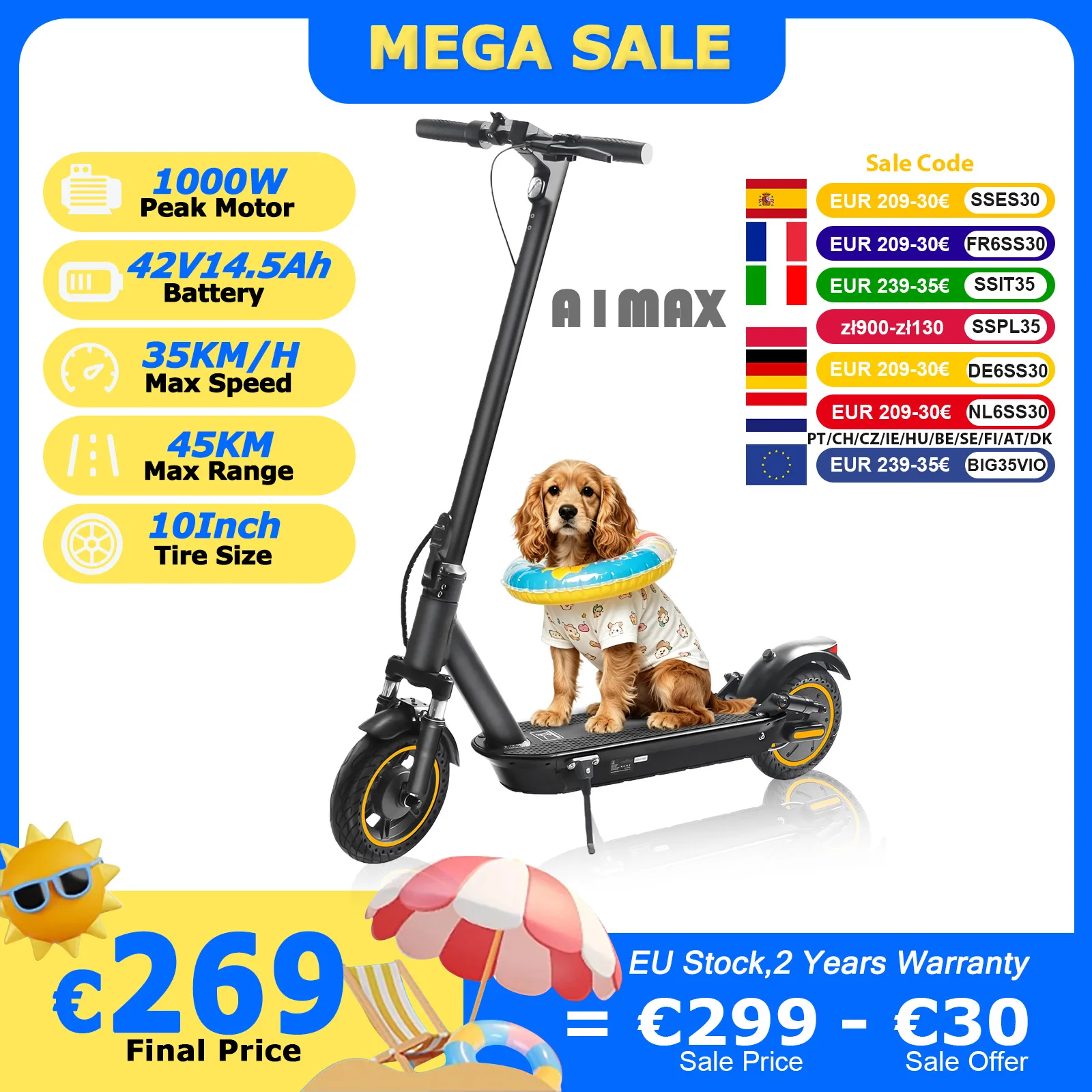 Trottinette électrique AOVOPRO TX01, moteur puissant 500W, 35KM/H, 45KM, 42V14.5AH, pneus pneumatiques de 10 pouces, pliable intelligente, A1MAX EScooter