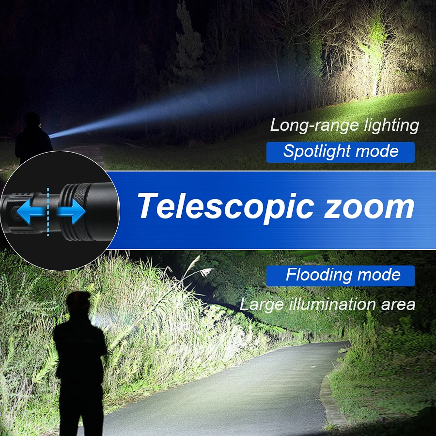 2Pack Super Bright LED Flashlight Telescopic Zoom 3000LM Flashlight Waterproof Handheld Flash Working Emergency Camping Lantern