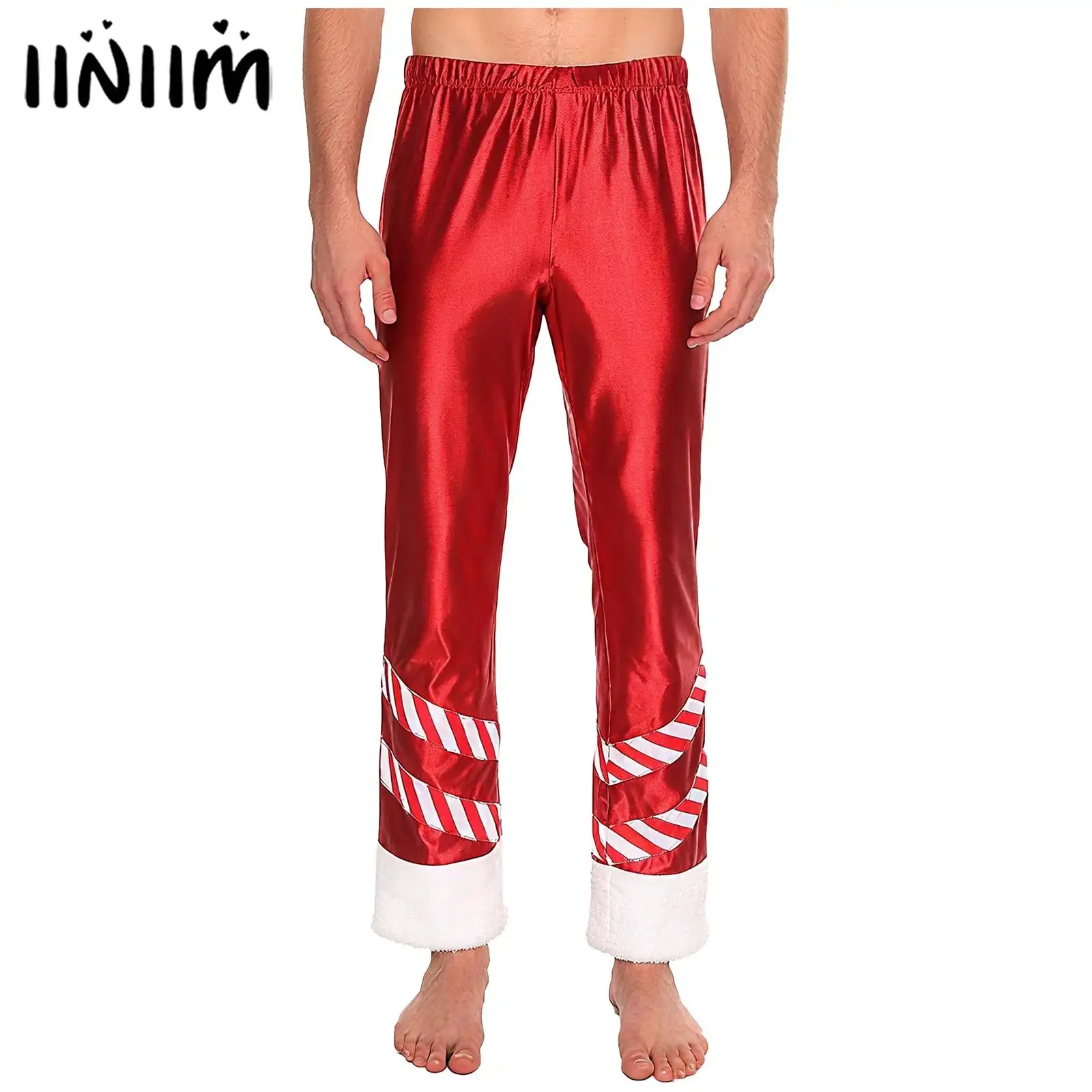 Disfraz de fiesta de Cosplay de Papá Noel de Navidad para hombre, pantalones de pierna rojos anchos metálicos brillantes, aberturas de piernas de felpa a rayas, pantalones largos sueltos