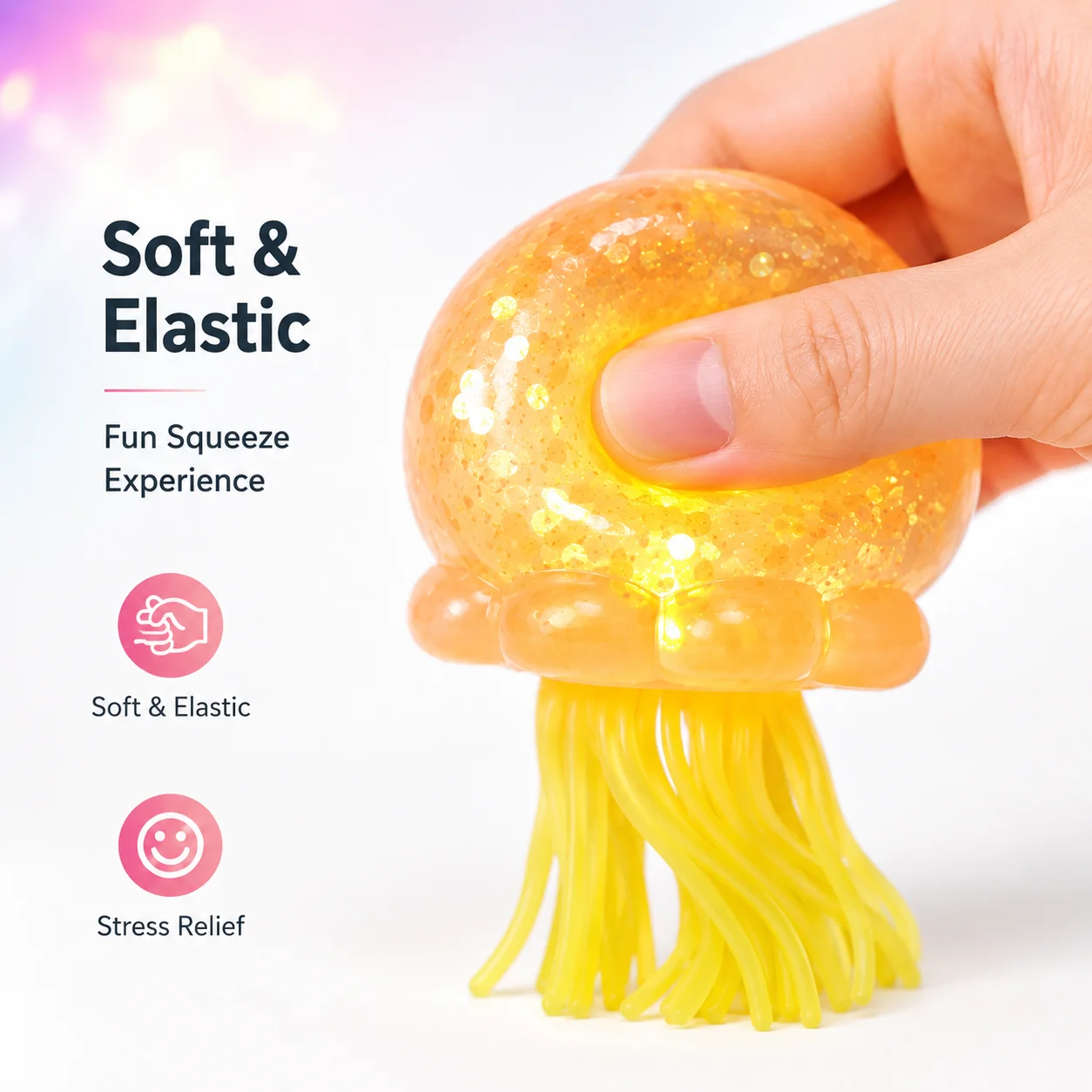 Brinquedo de medusa transparente com lantejoulas de 4 cores e tentáculos de silicone macios e elásticos. Brinquedo fofo anti-stress com luzes LED que brilham quando apertado, perfeito como um presente fofo para aniversários, festas, Natal e Halloween.