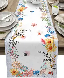 Spring Daisy Sunflower Flowers Linen Table Runner Party Decor Reusable Farmhouse Kitchen Dining Table Runner Wedding Decorations
