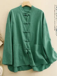 Retro Chinese Buckle Solid Color Ramie Shirt Women's Irregular Zen Tea Clothes Cotton and Linen Top Spring