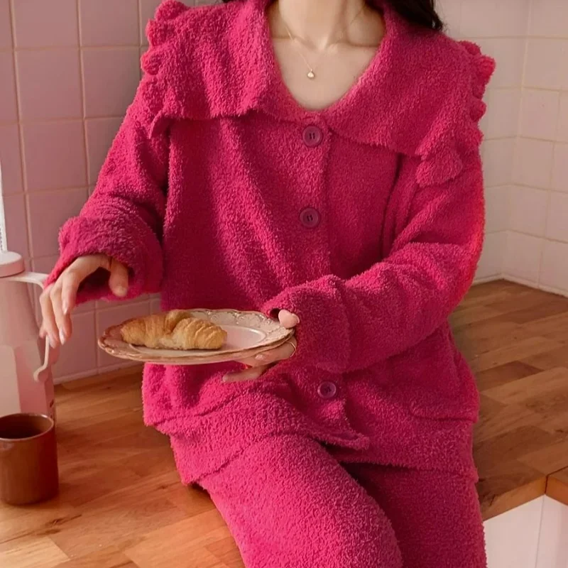 Pijama versión coreana para mujer, dulce y lindo, princesa rosa roja, año Natal, cárdigan, ropa de estar por casa, medio forro polar, Coral, Invierno