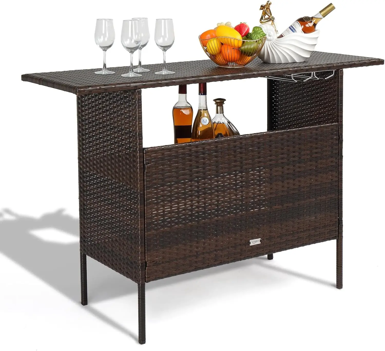 

Wicker Outdoor Bar Table with 2 Steel Shelves, Sets of Rails, Rattan Patio Storage for Backyard, Poolside, Garden