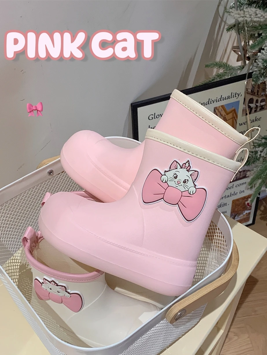 New Miniso Kawaii Marie Cat Waterproof Anti Slip Parent-Child Rain Shoes Cartoon The Aristocats Girl Mid-Calf Boots Rain Boots