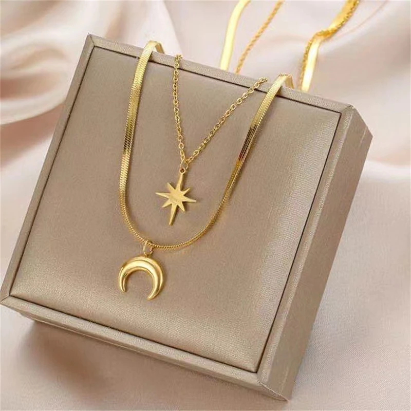 316L Stainless Steel New Fashion Upscale Jewelry 2-Layer Moon Stars Charm Thick Snake Chain Choker Necklaces Pendants For Women