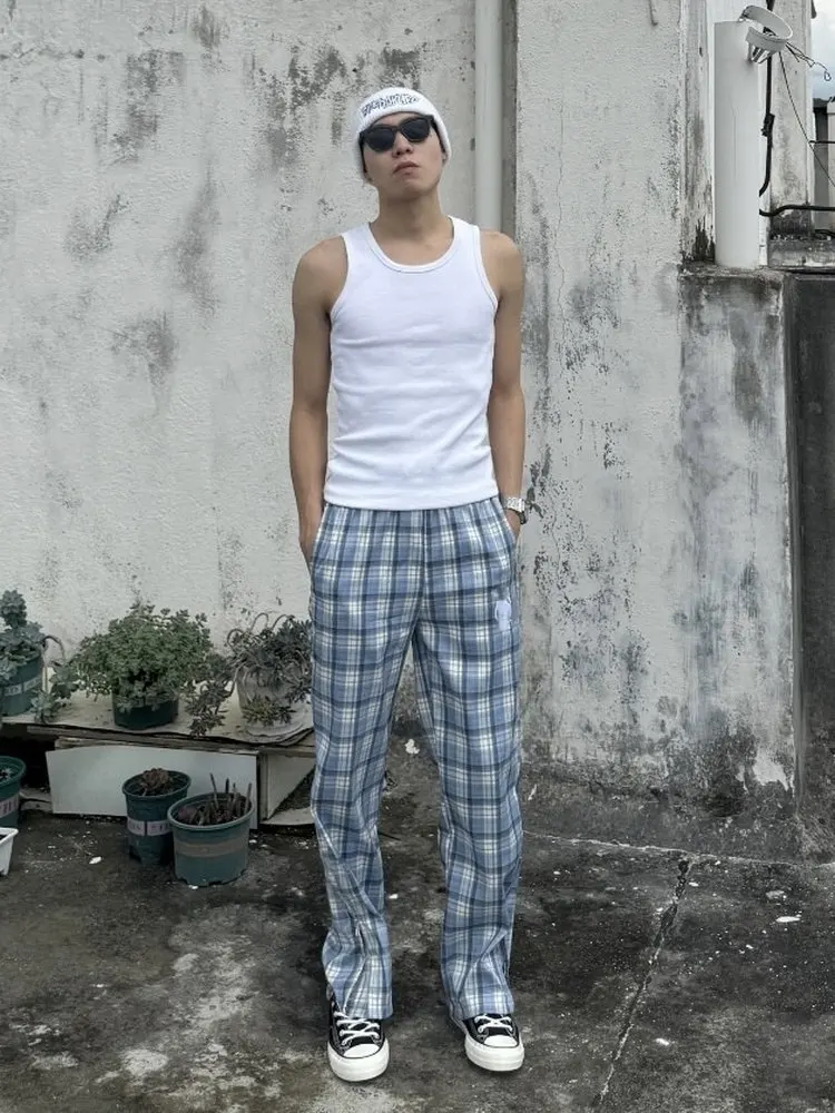 Casual Men's Straight Leg Pants Spring Summer North Carolina Blue Plaid Embroidery Pattern CleanFit Lazy Casual Trousers