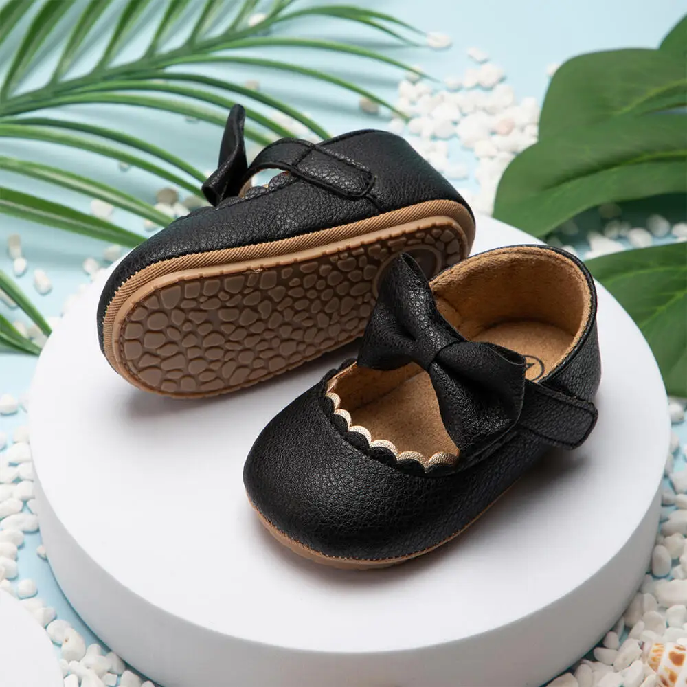 Retro New Newborn Baby Walking Shoes Spring Autumn Solid Color Bow Princess Shoes PU Anti-slip Soft Rubber Bottom Baby Casual